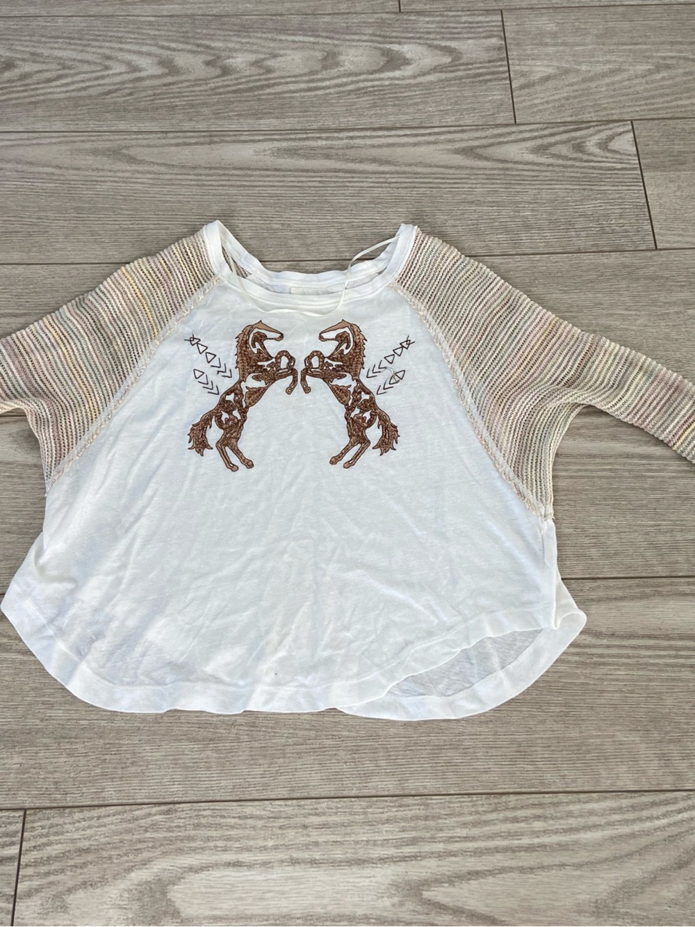Free people We The Free White Raglan Top with Brown Horse Graphic. Size: XS.